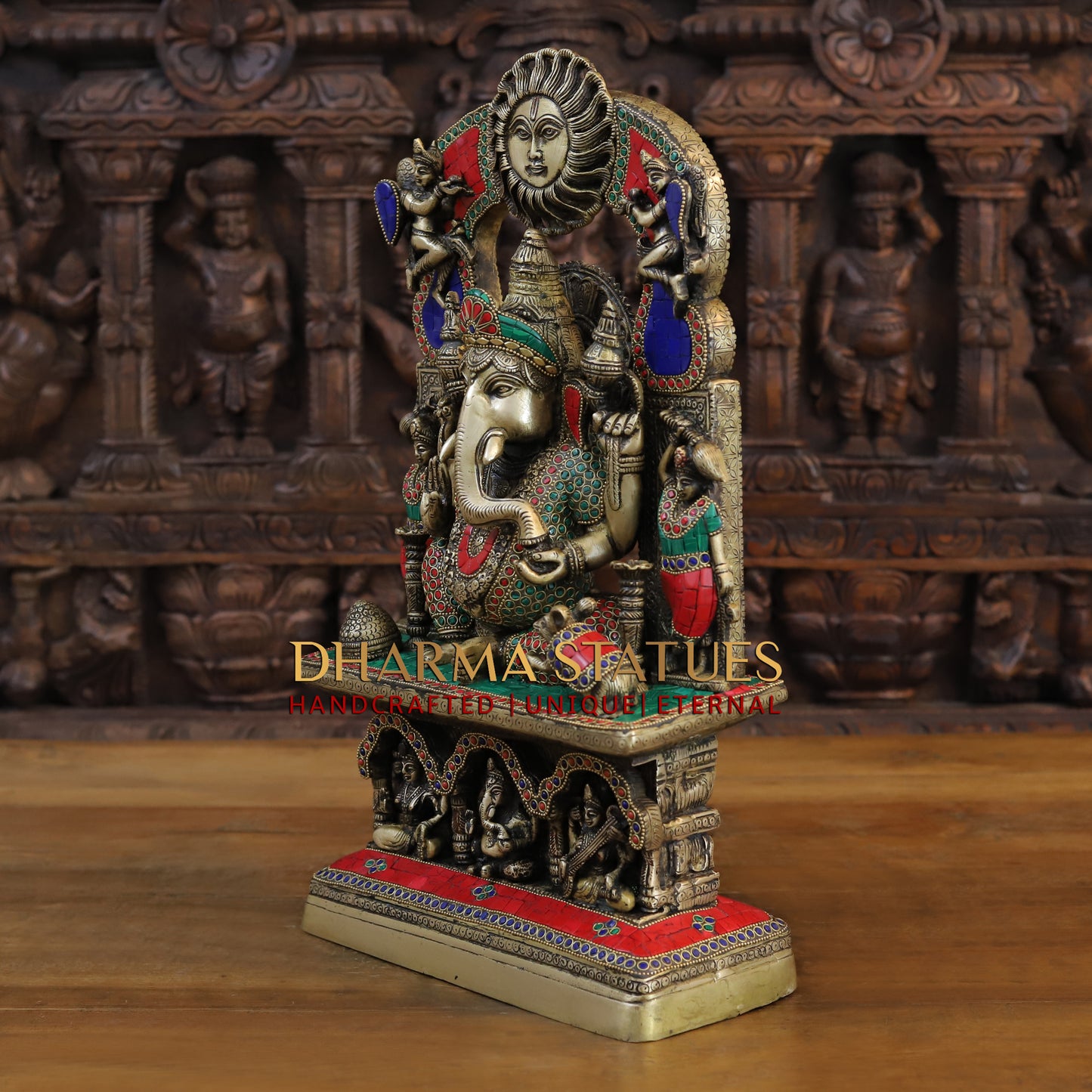 Brass Ganesh seated in Temple, Blessing Posture, Golden & Stonework, 19"