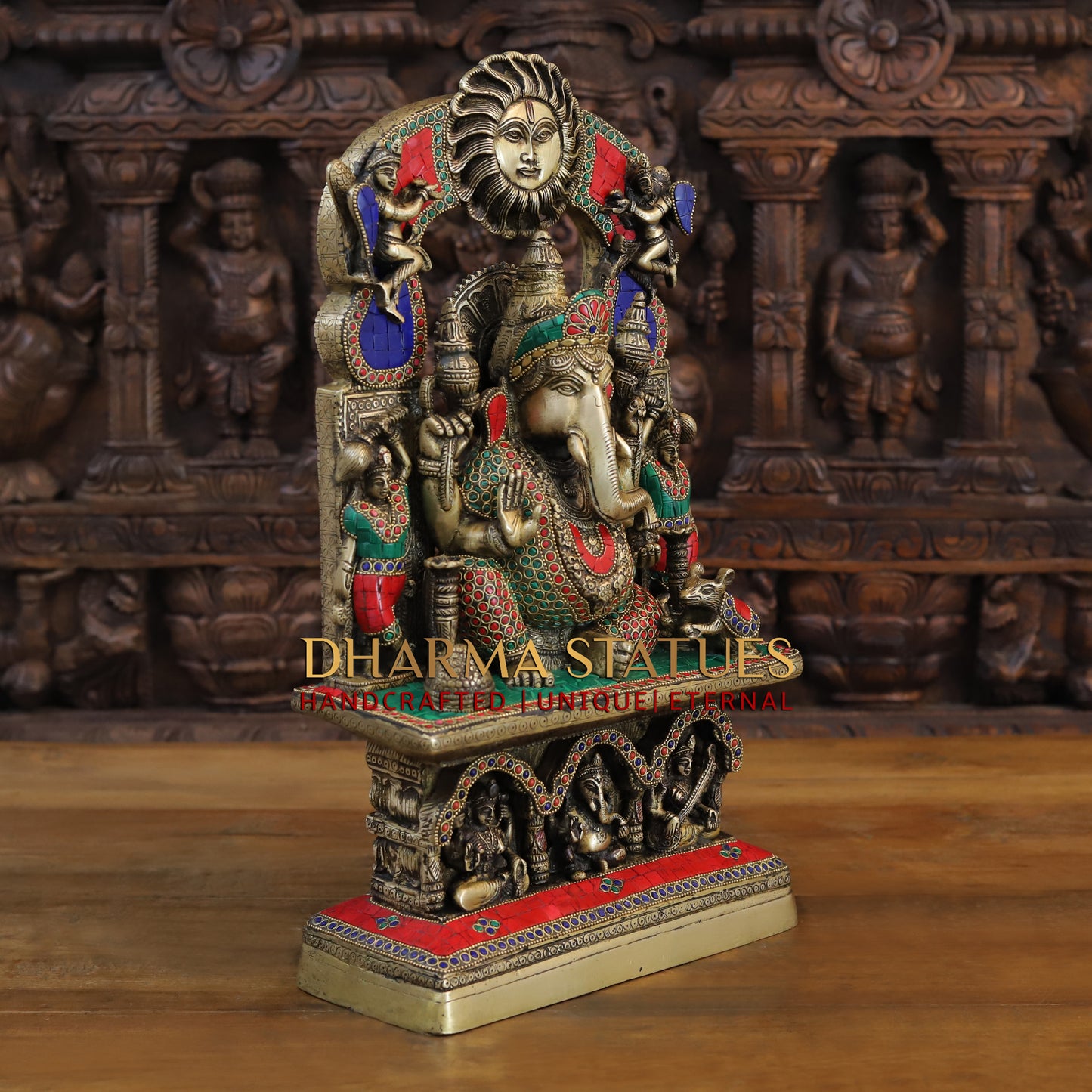 Brass Ganesh seated in Temple, Blessing Posture, Golden & Stonework, 19"
