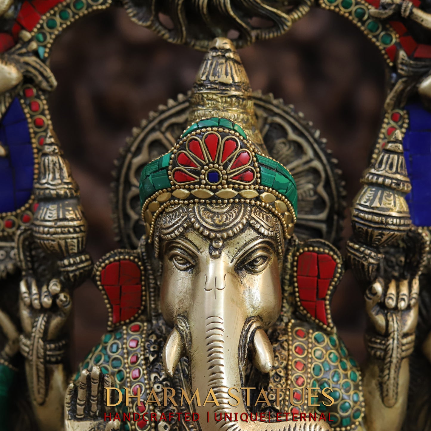 Brass Ganesh seated in Temple, Blessing Posture, Golden & Stonework, 19"