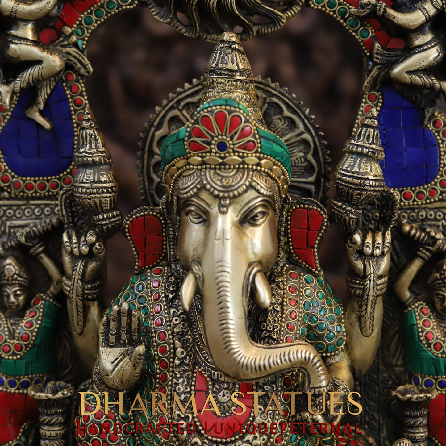 Brass Ganesh seated in Temple, Blessing Posture, Golden & Stonework, 19"