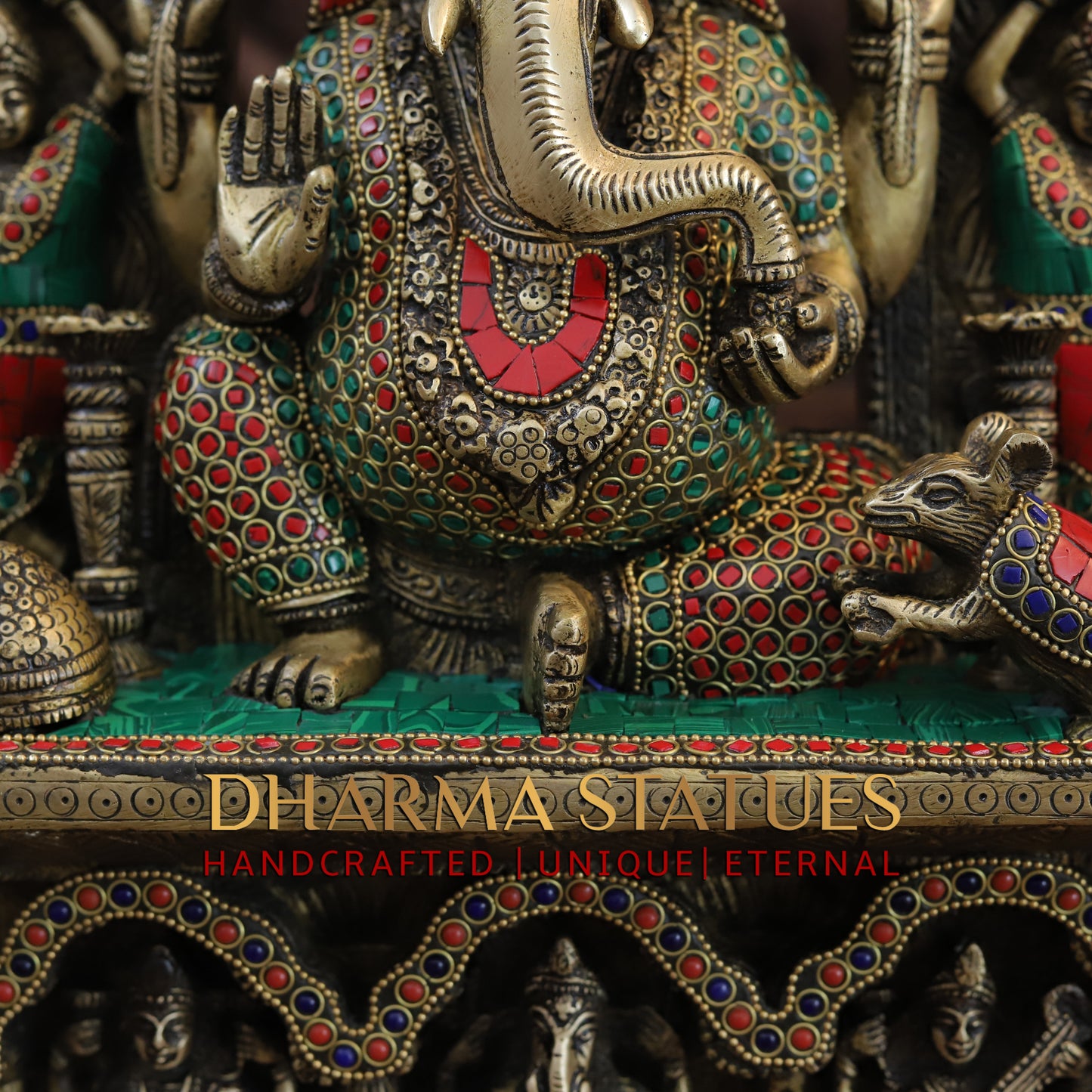 Brass Ganesh seated in Temple, Blessing Posture, Golden & Stonework, 19"