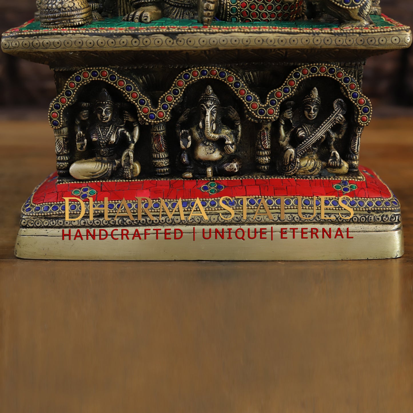 Brass Ganesh seated in Temple, Blessing Posture, Golden & Stonework, 19"