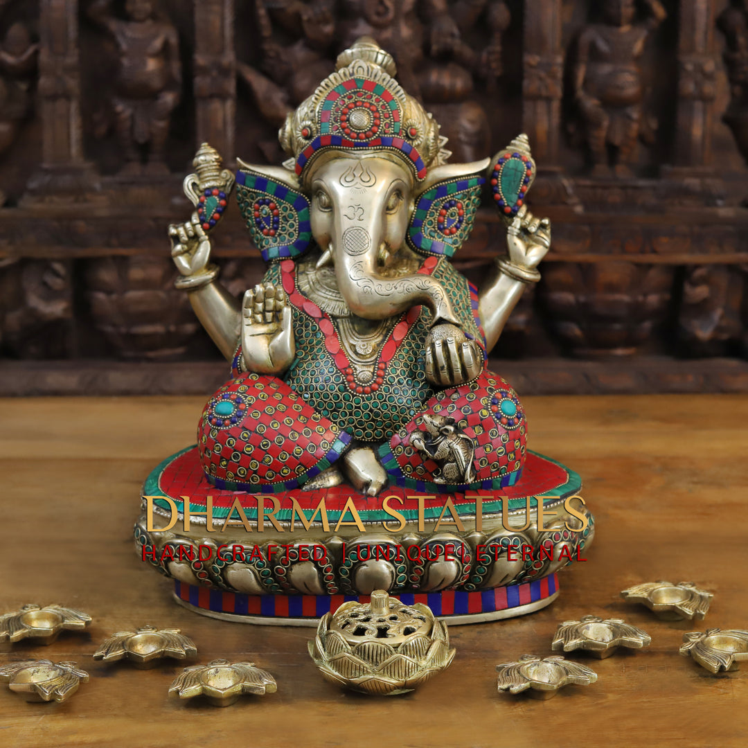 Brass Ganesha Statue, Seated in Blessing Posture, Stone and Golden Work 15"