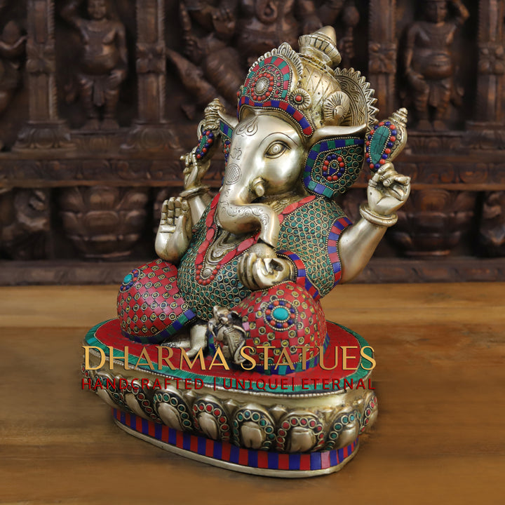 Brass Ganesha Statue, Seated in Blessing Posture, Stone and Golden Work 15"