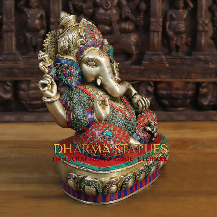 Brass Ganesha Statue, Seated in Blessing Posture, Stone and Golden Work 15"