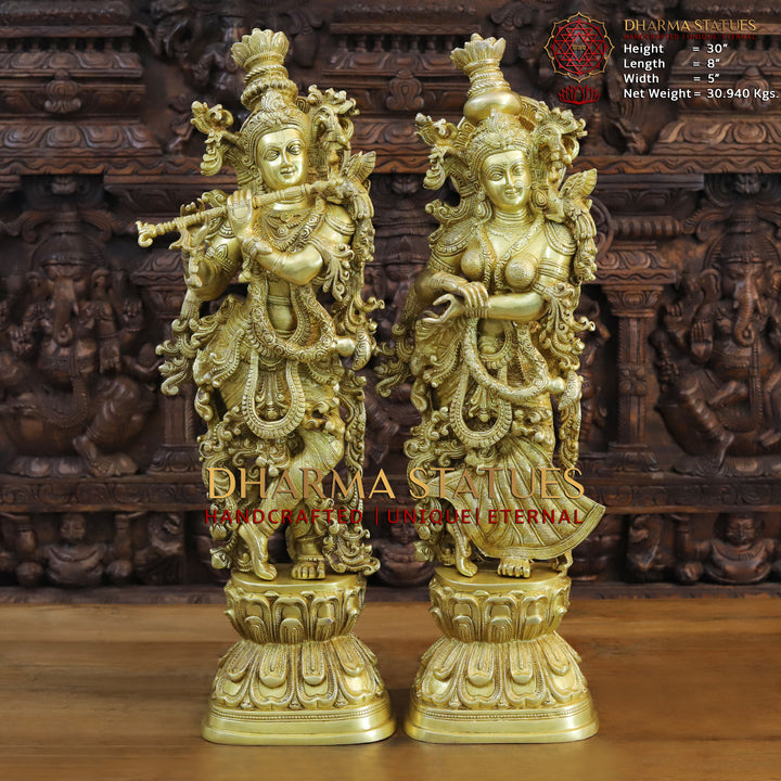 Brass Radha Krishna Idol, Standing, Golden Fine Finish 30"