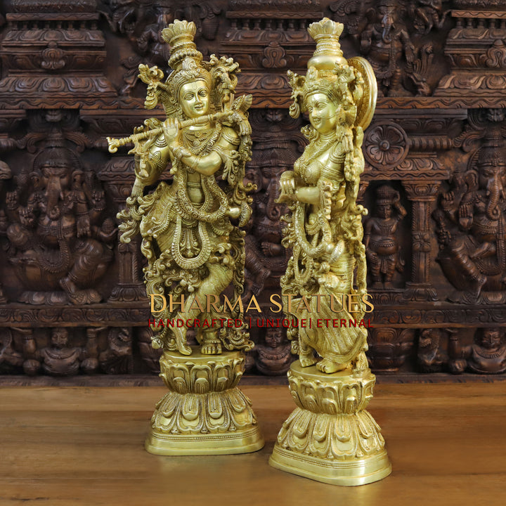 Brass Radha Krishna Idol, Embodiment of Love, Fine Golden Finish 30"