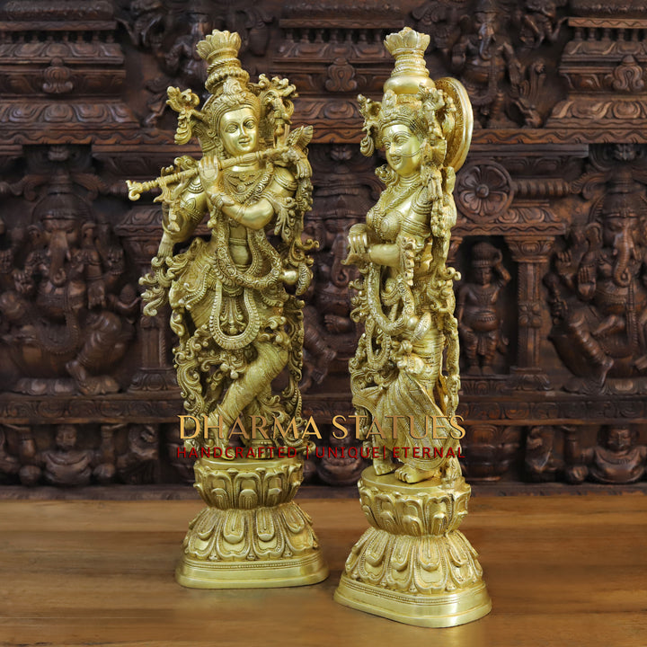 Brass Radha Krishna Idol, Embodiment of Love, Fine Golden Finish 30"