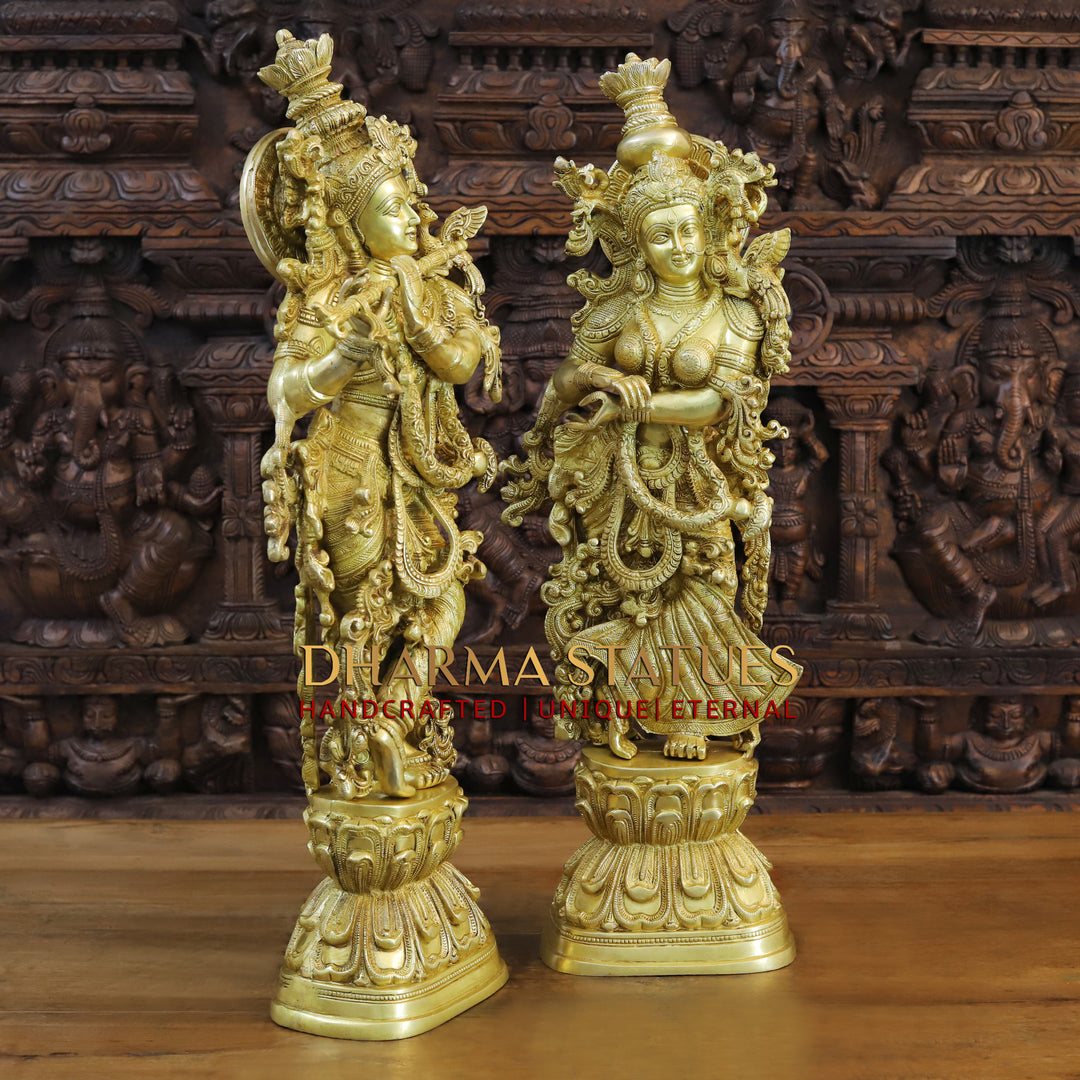 Brass Radha Krishna Idol, Embodiment of Love, Fine Golden Finish 30"