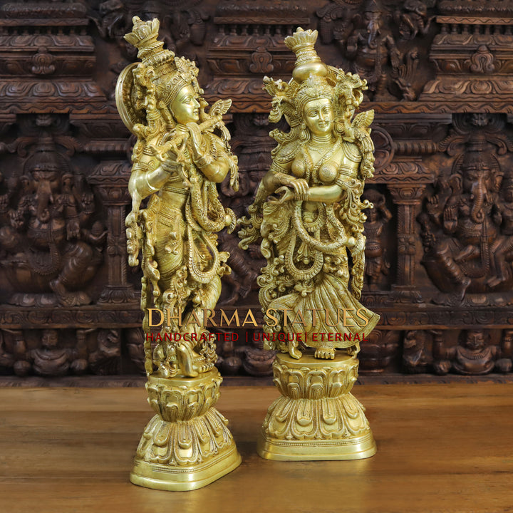 Brass Radha Krishna Idol, Embodiment of Love, Fine Golden Finish 30"