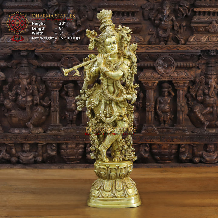 Brass Krishna Idol, Standing on a Lotus, Playing Flute, Golden Finish, 30" Front View