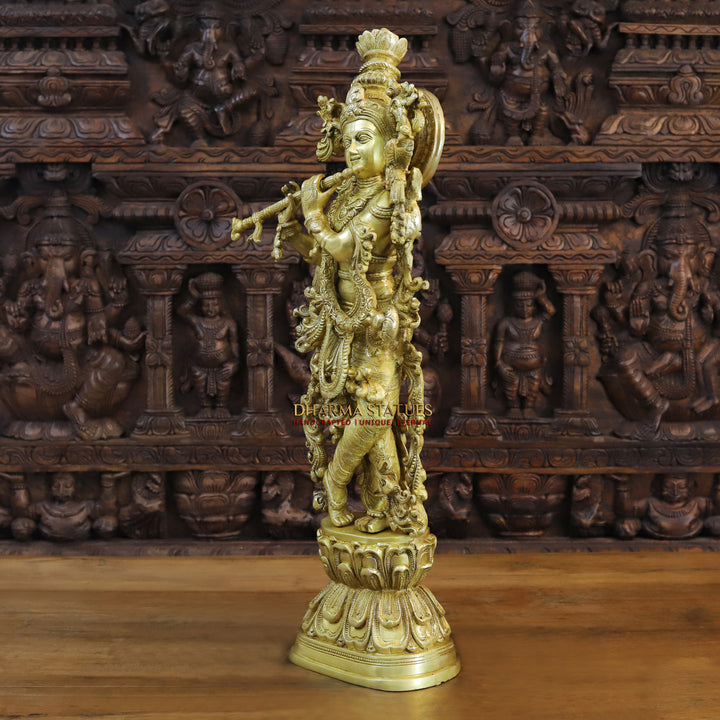 Brass Krishna Idol, On Lotus Pedastal, Playing Flute, Fine Gold Finish, 30"