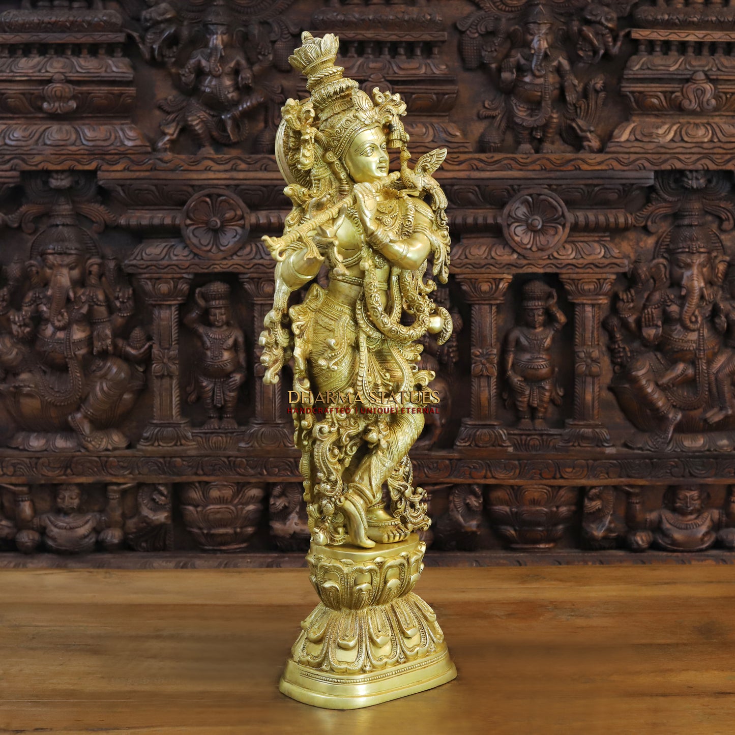 Brass Krishna Idol, On Lotus Pedastal, Playing Flute, Fine Gold Finish, 30"