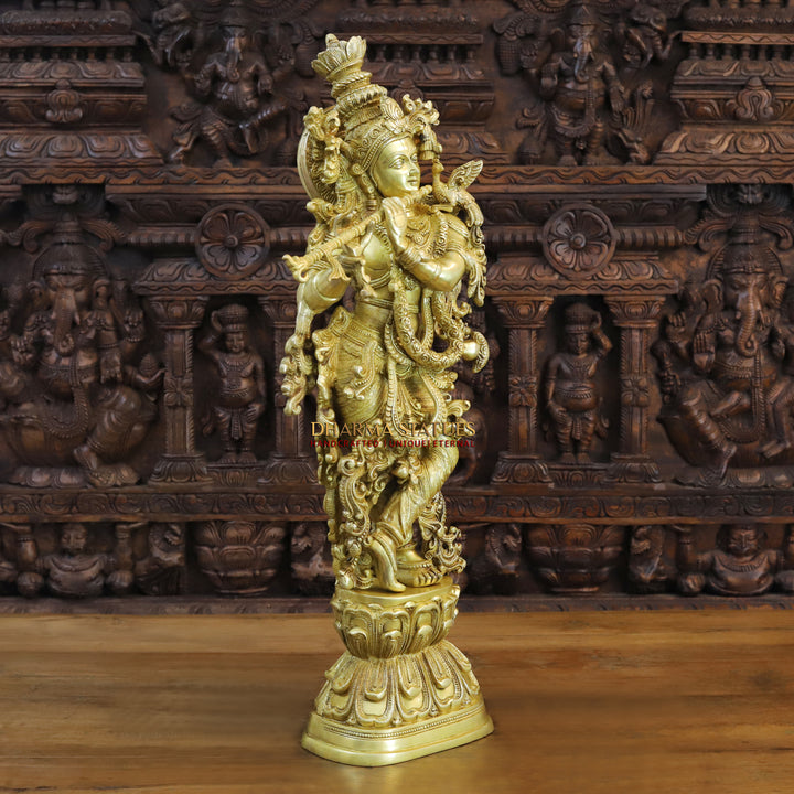 Brass Krishna Idol, On Lotus Pedastal, Playing Flute, Fine Gold Finish, 30"