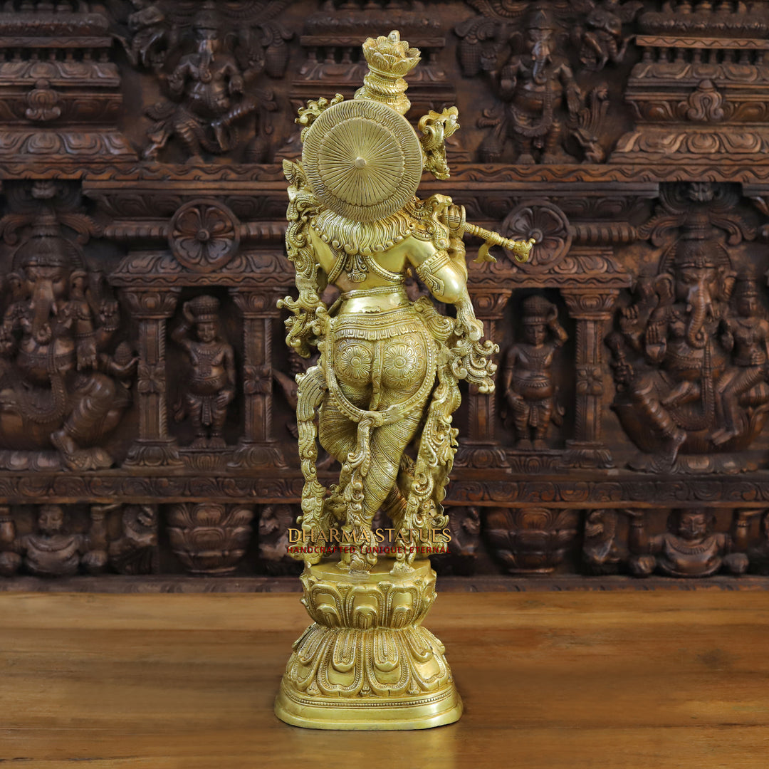 Brass Krishna Idol, On Lotus Pedastal, Playing Flute, Fine Gold Finish, 30"