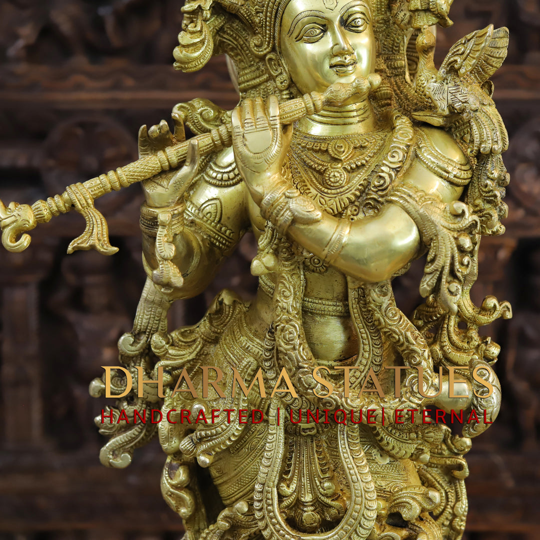 Brass Krishna Idol, On Lotus Pedastal, Playing Flute, Fine Gold Finish, 30"