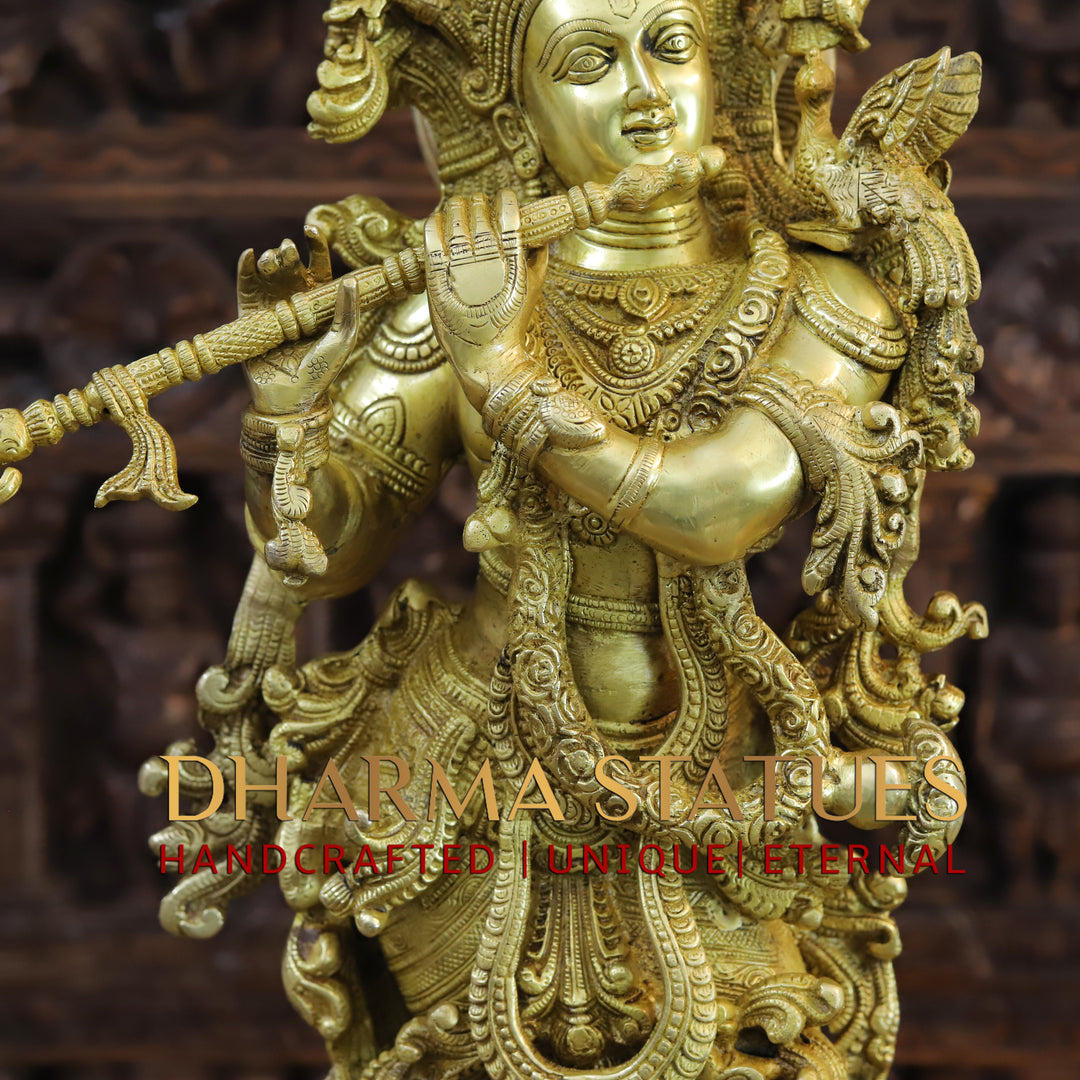 Brass Krishna Idol, On Lotus Pedastal, Playing Flute, Fine Gold Finish, 30"