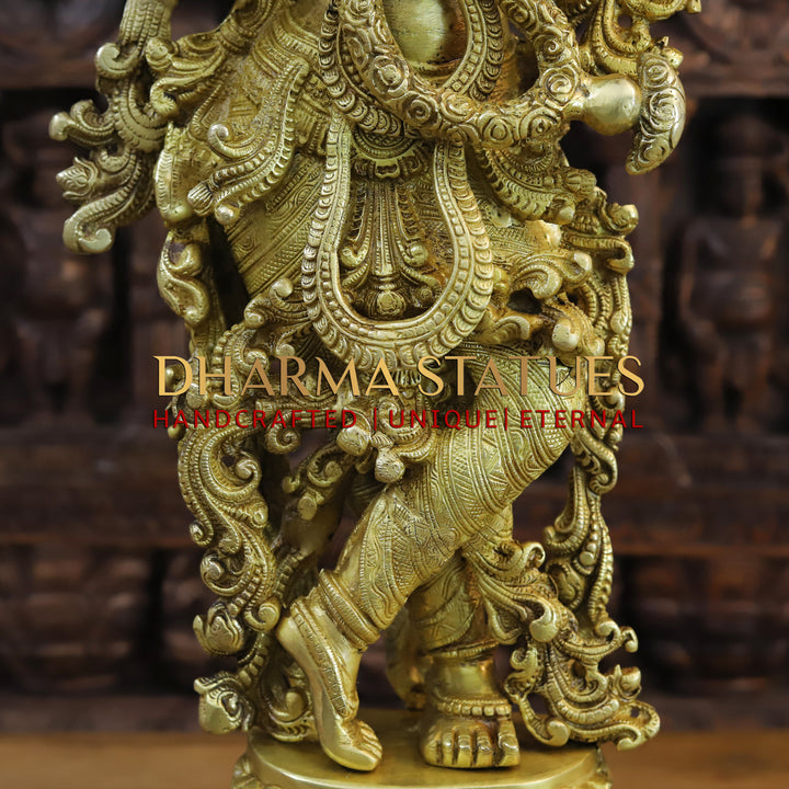 Brass Krishna Idol, On Lotus Pedastal, Playing Flute, Fine Gold Finish, 30"