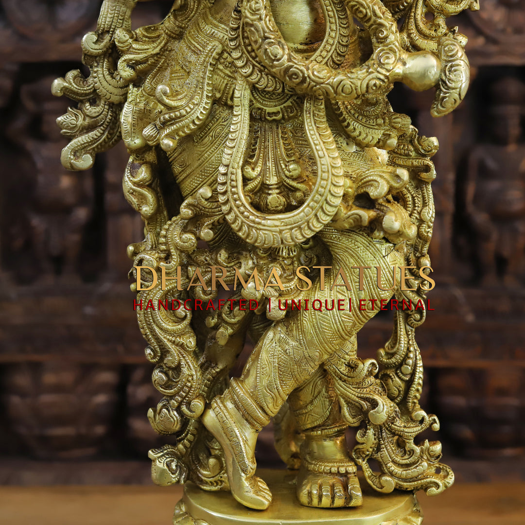 Brass Krishna Idol, On Lotus Pedastal, Playing Flute, Fine Gold Finish, 30"