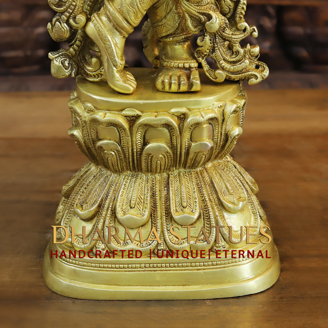 Brass Krishna Idol, On Lotus Pedastal, Playing Flute, Fine Gold Finish, 30"