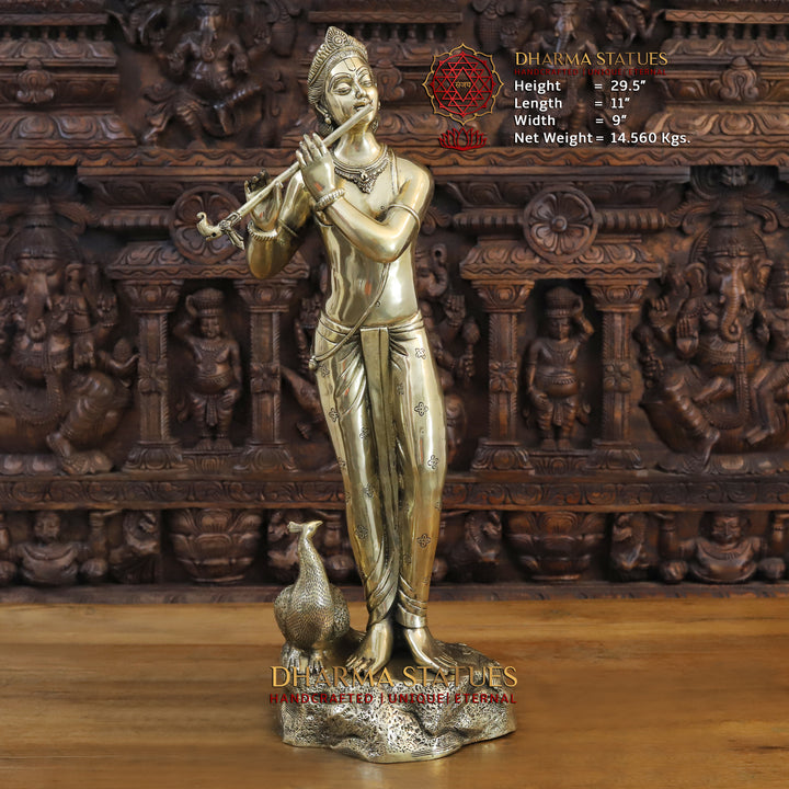 Brass Krishna Idol, Standing Besides Peacock, Fine Golden Finish, 29.5" Front View 