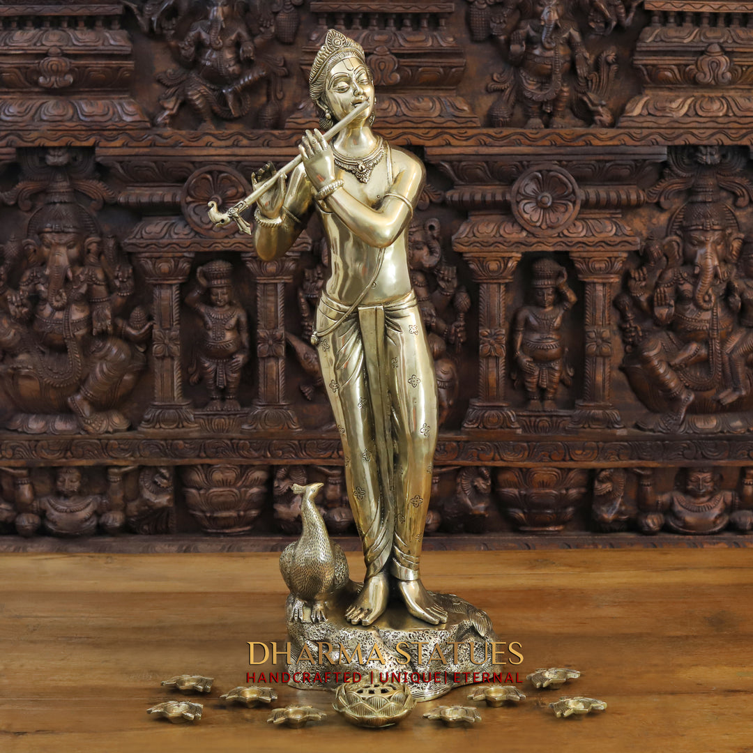 Brass Krishna Idol, Standing Besides Peacock, Fine Golden Finish, 29.5"