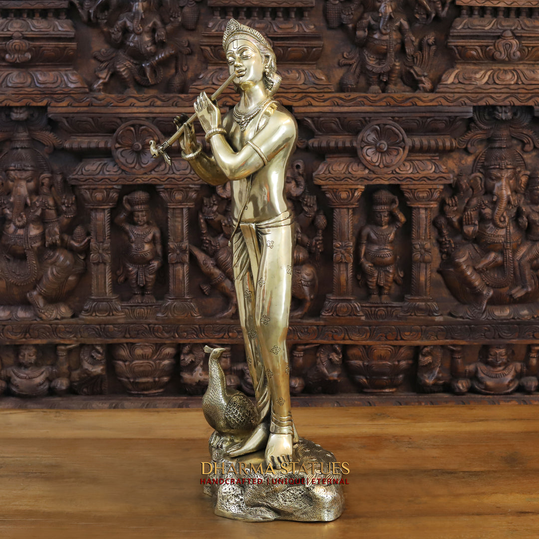 Brass Krishna Idol, Standing Besides Peacock, Fine Golden Finish, 29.5"