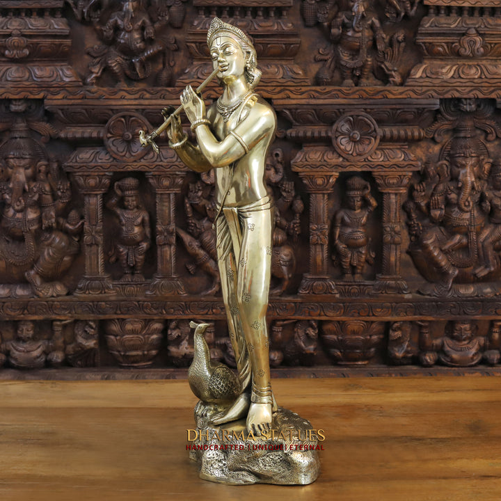 Brass Krishna Idol, Standing Besides Peacock, Fine Golden Finish, 29.5"