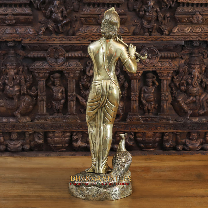 Brass Krishna Idol, Standing Besides Peacock, Fine Golden Finish, 29.5"