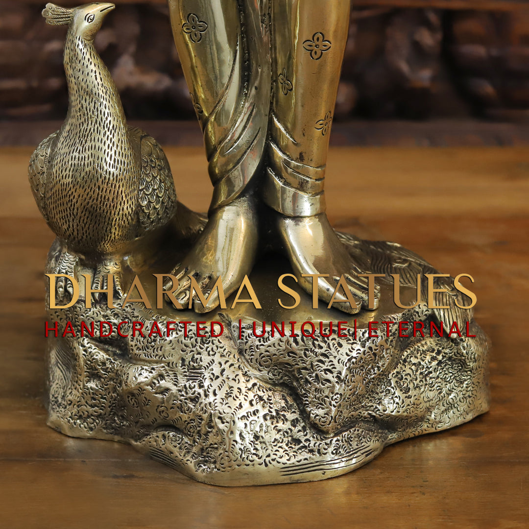 Brass Krishna Idol, Standing Besides Peacock, Fine Golden Finish, 29.5"