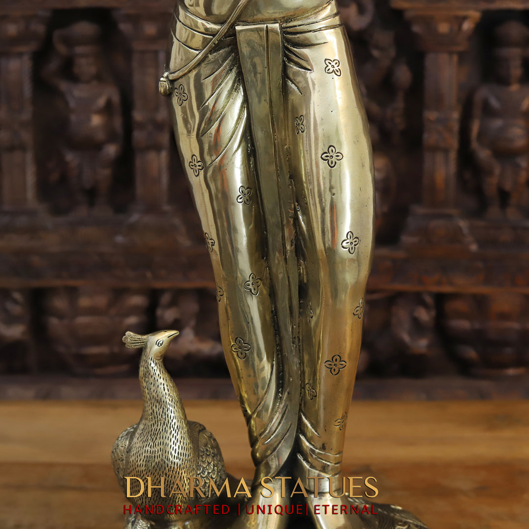 Brass Krishna Idol, Standing Besides Peacock, Fine Golden Finish, 29.5"