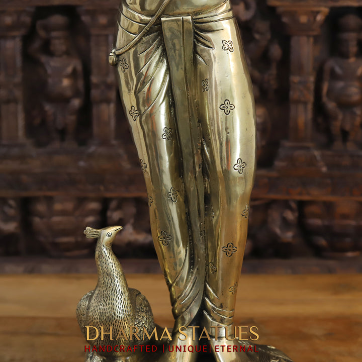 Brass Krishna Idol, Standing Besides Peacock, Fine Golden Finish, 29.5"