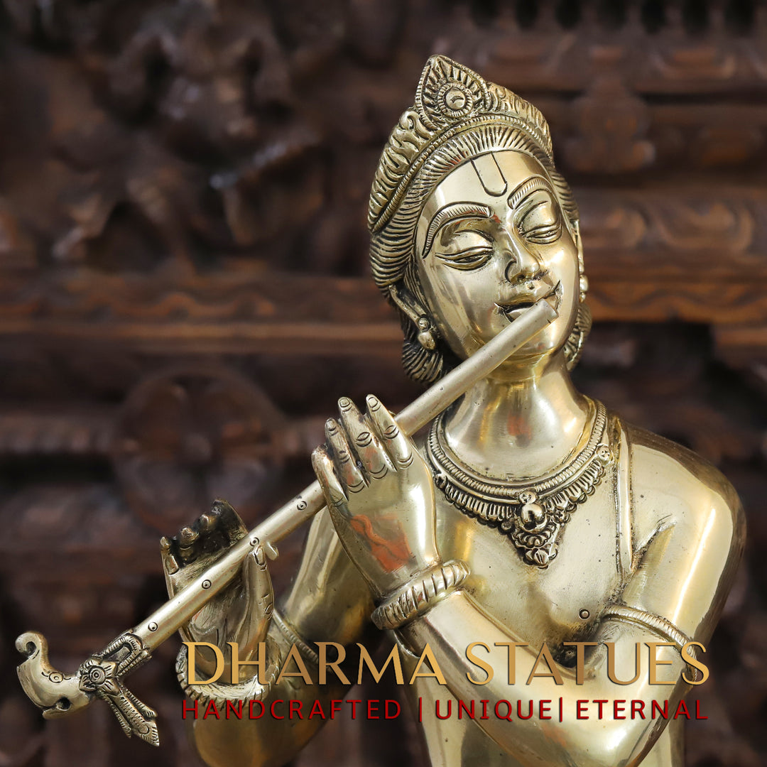 Brass Krishna Idol, Standing Besides Peacock, Fine Golden Finish, 29.5"