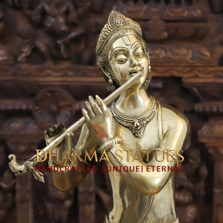 Brass Krishna Idol, Standing Besides Peacock, Fine Golden Finish, 29.5"