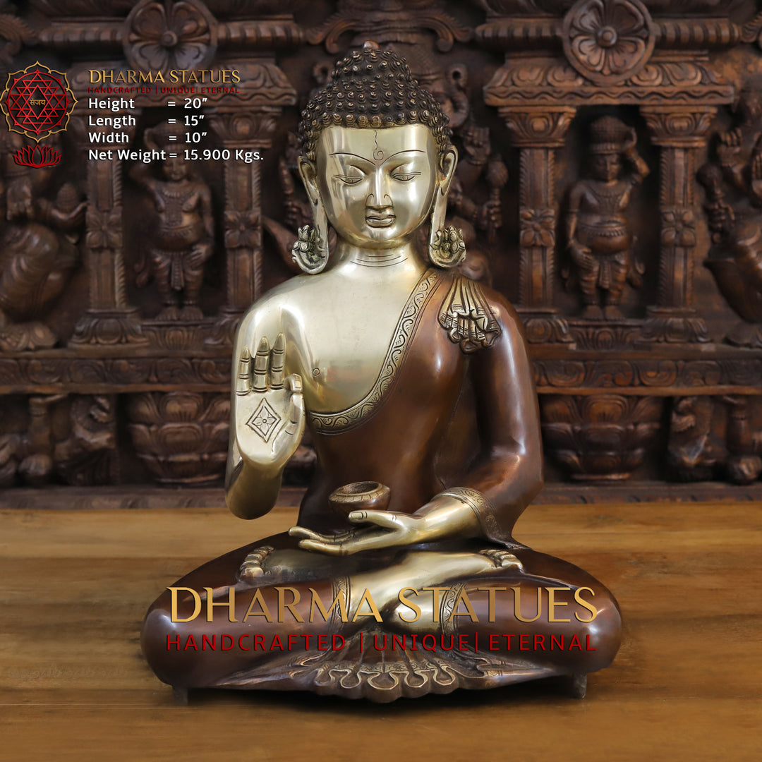 Brass Buddha Meditating Idol, Golden and Bronze Fine Finish 20" Front View