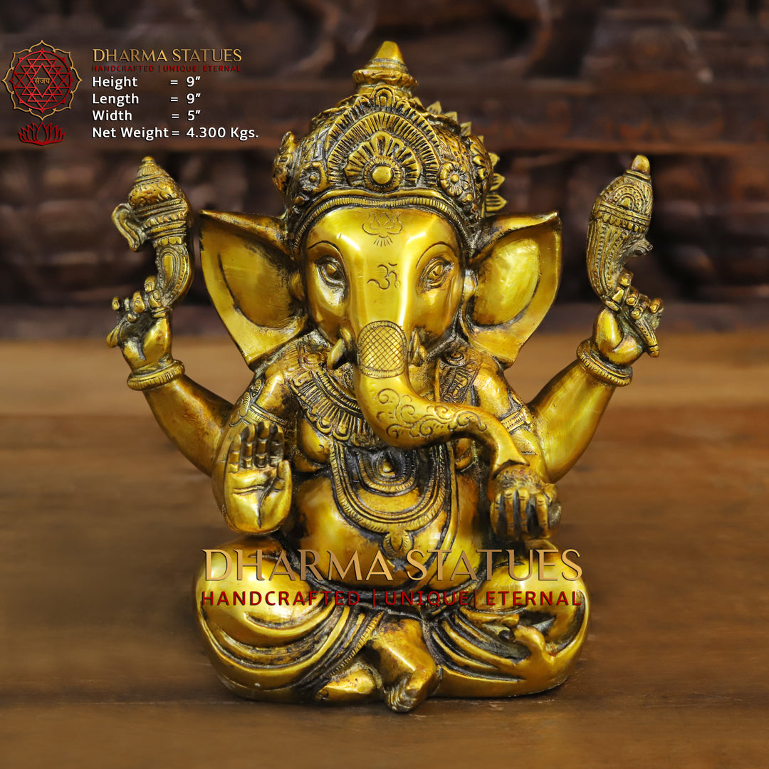 Brass Ganesha Idol, Blessing Posture, Golden Fine Finish 9" Front View