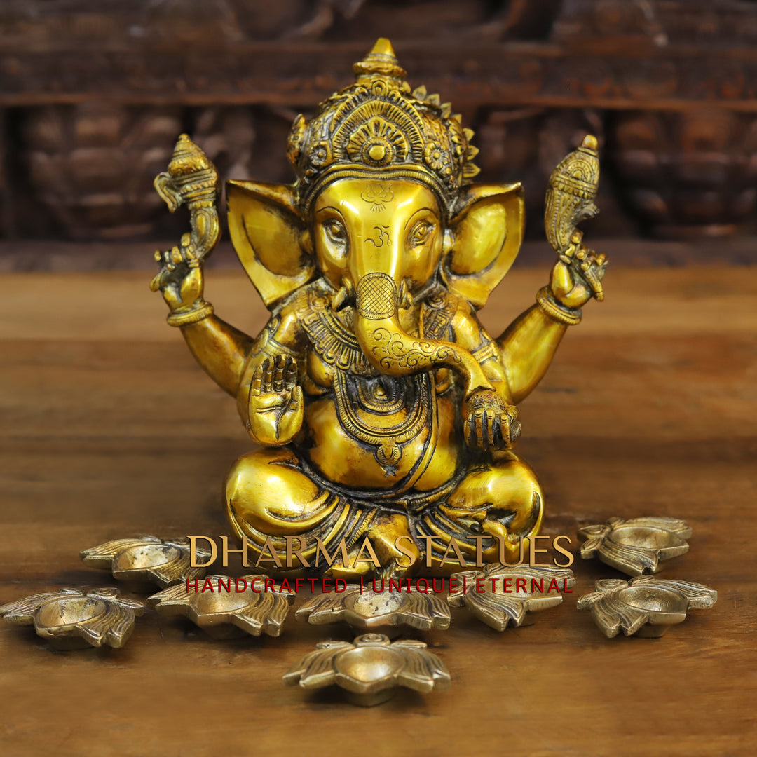 Brass Ganesh Staue With crown ,Golden Fine Finish 9"