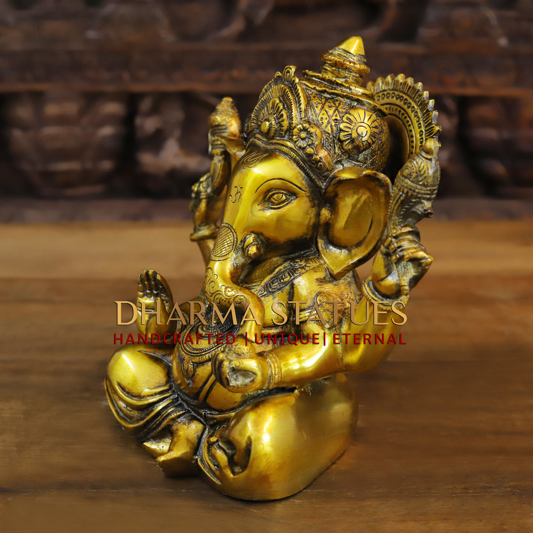 Brass Ganesh Staue With crown ,Golden Fine Finish 9"