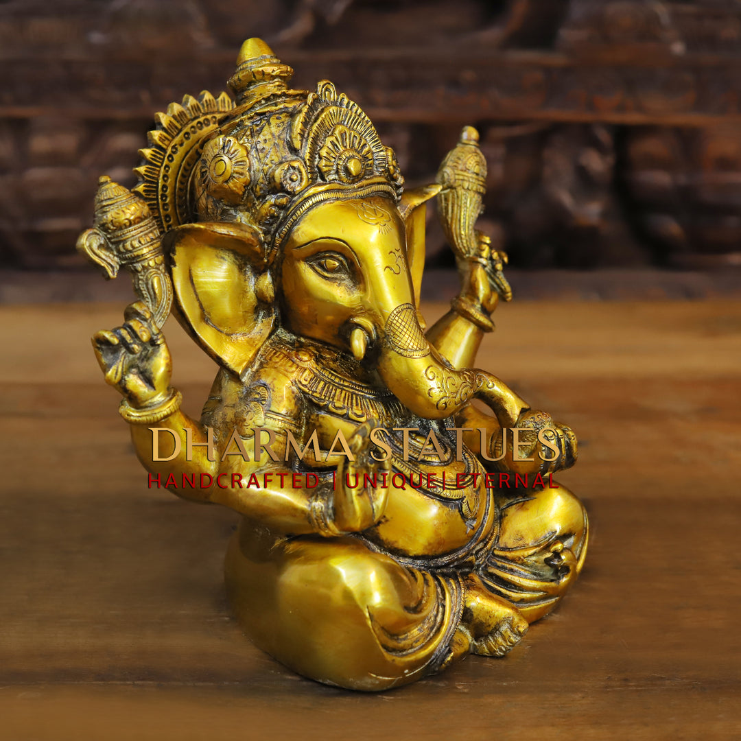 Brass Ganesh Staue With crown ,Golden Fine Finish 9"