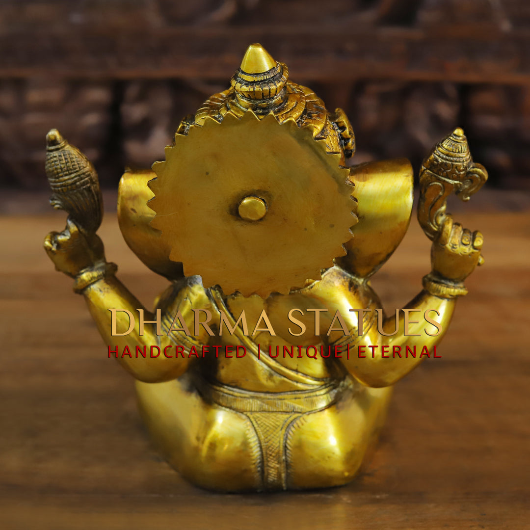 Brass Ganesh Staue With crown ,Golden Fine Finish 9"