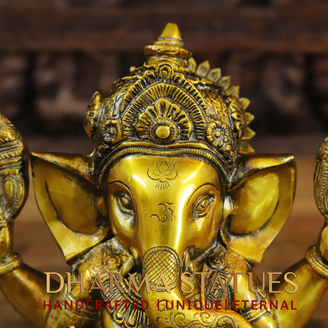 Brass Ganesh Staue With crown ,Golden Fine Finish 9"