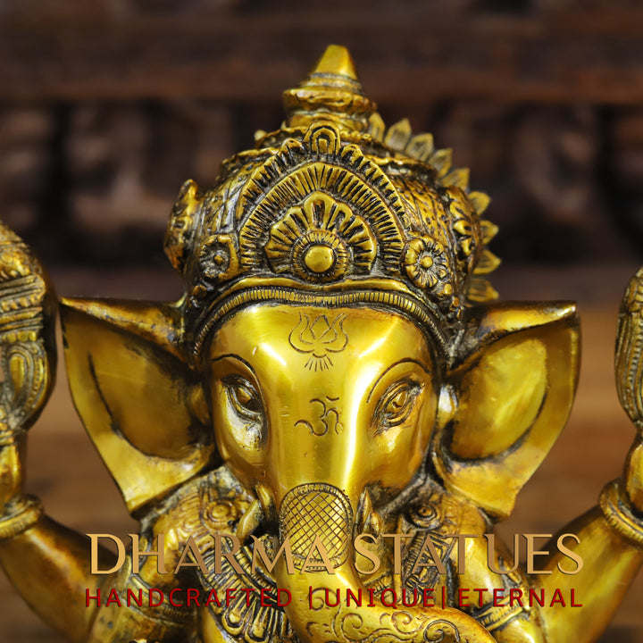 Brass Ganesh Staue With crown ,Golden Fine Finish 9"