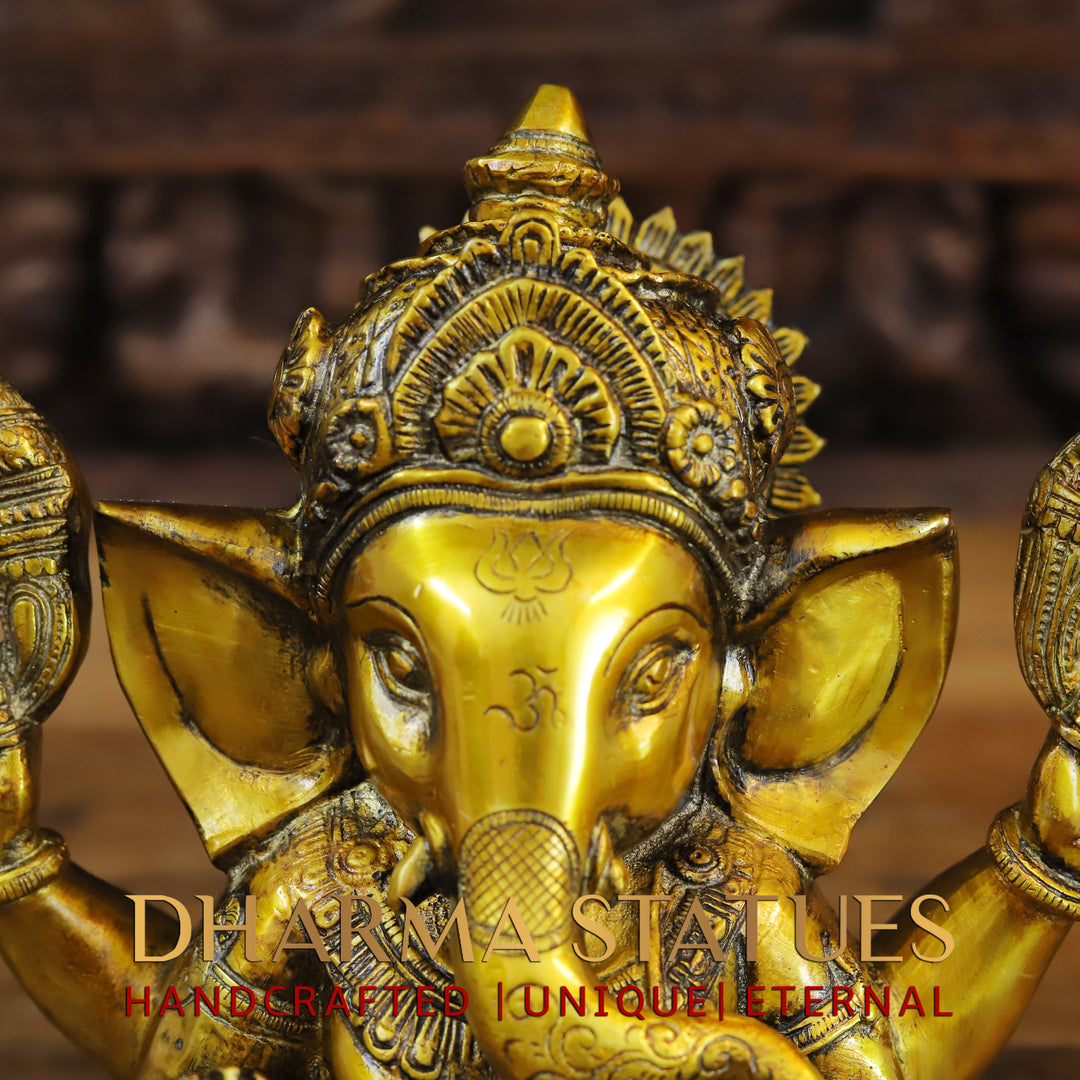 Brass Ganesh Staue With crown ,Golden Fine Finish 9"