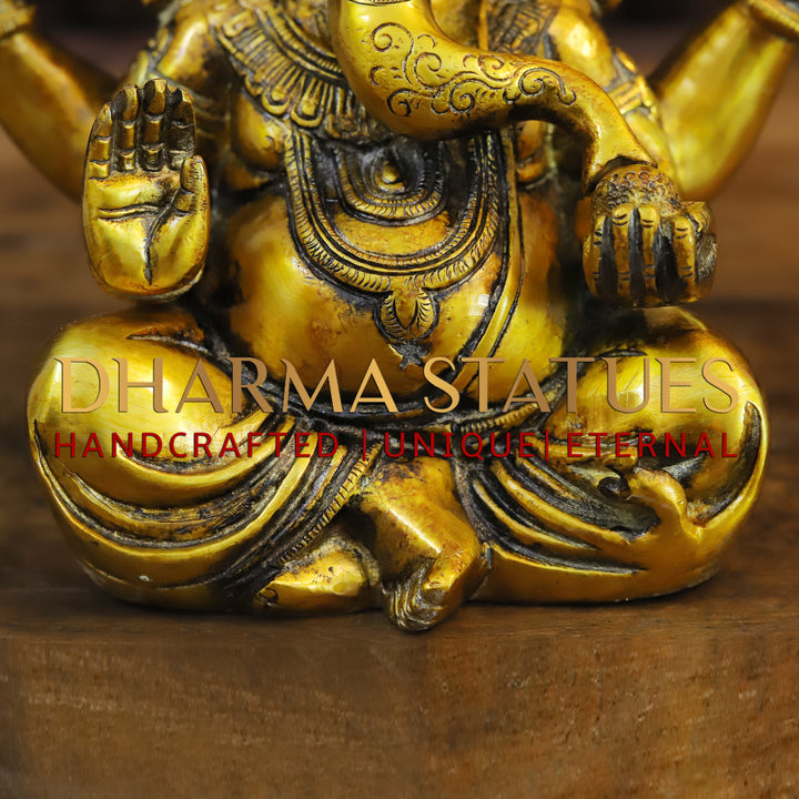 Brass Ganesh Staue With crown ,Golden Fine Finish 9"