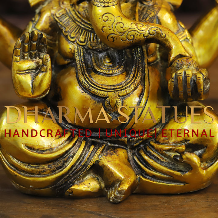 Brass Ganesh Staue With crown ,Golden Fine Finish 9"