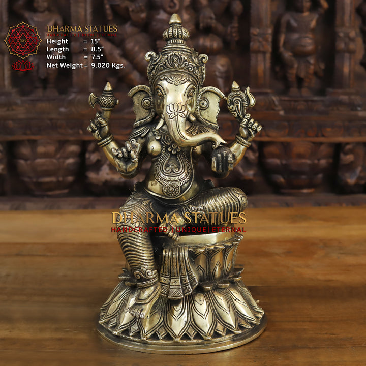 Brass Ganesha Idol, Seated on a Lotus, Fine Golden Finish 15" Front View