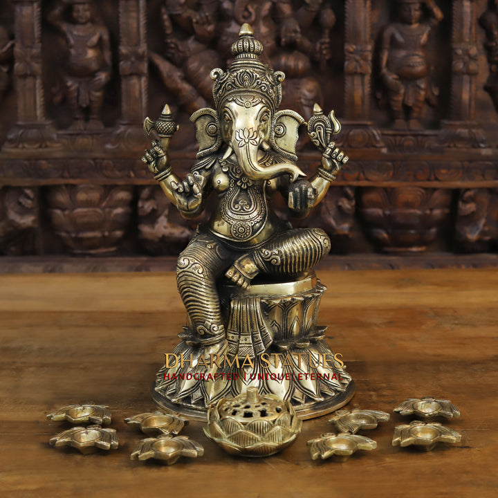 Brass Ganesh Idol, Seated on a Lotus, Fine Golden Finish 15"