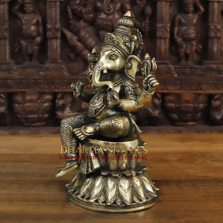 Brass Ganesh Idol, Seated on a Lotus, Fine Golden Finish 15"