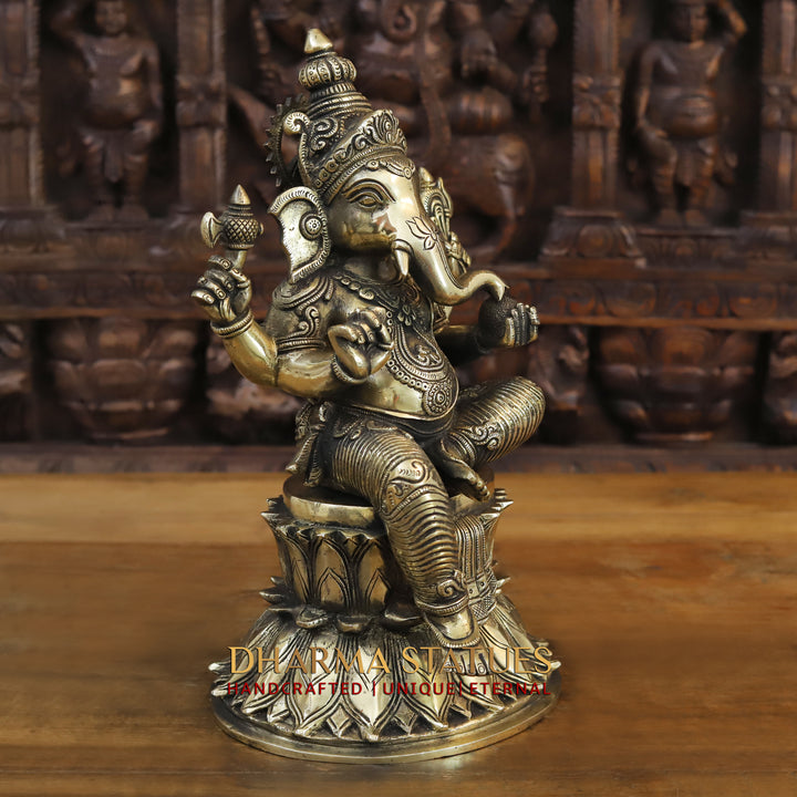 Brass Ganesh Idol, Seated on a Lotus, Fine Golden Finish 15"