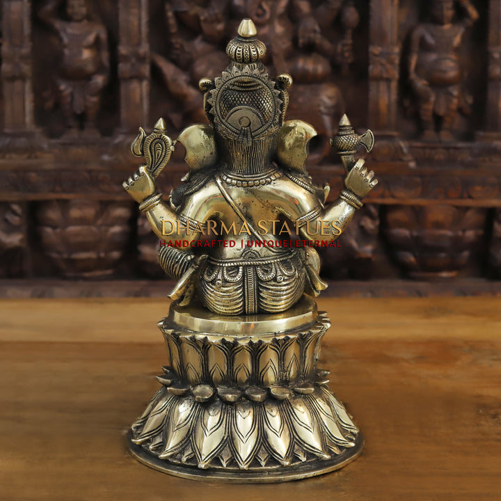 Brass Ganesh Idol, Seated on a Lotus, Fine Golden Finish 15"